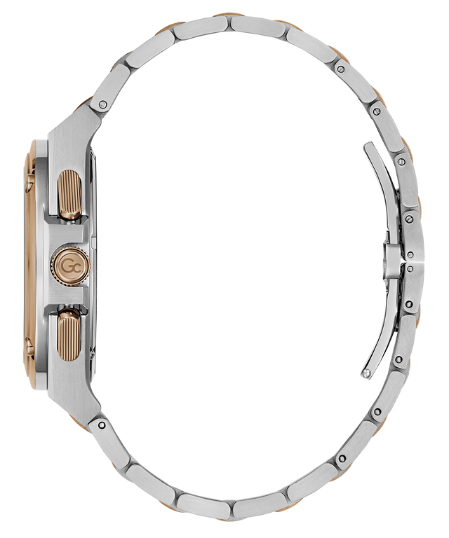 Side profile of a two-tone stainless steel and rose gold watch with a matching metal link bracelet, shown on a solid white background.