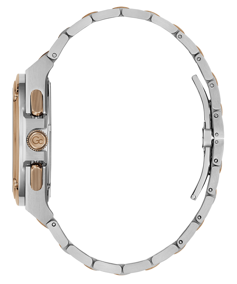 Side profile of a two-tone stainless steel and rose gold watch with a matching metal link bracelet, shown on a solid white background.