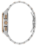 Side profile of a two-tone stainless steel and rose gold watch with a matching metal link bracelet, shown on a solid white background.