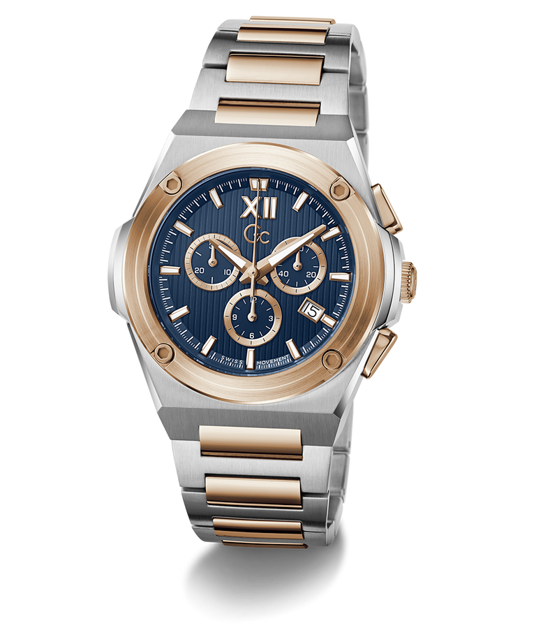 A two-tone stainless steel and rose gold chronograph watch with a blue dial, featuring Roman numeral XII on the watch face and a date window at 3 o'clock, set against a plain white background.