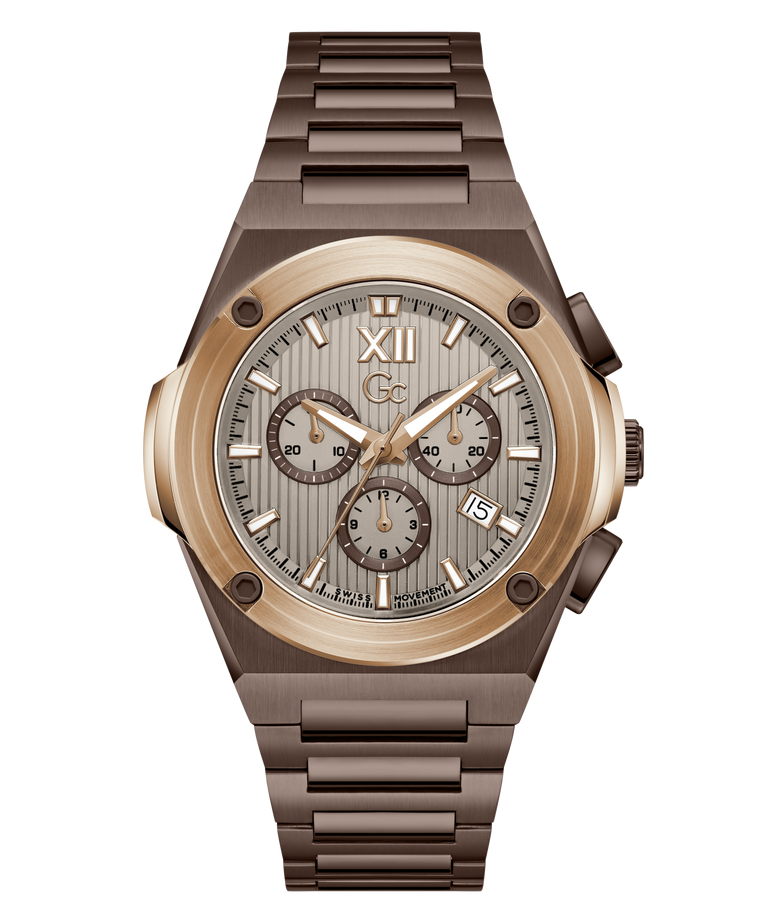 A luxury chronograph watch by Gc with a brushed rose gold-tone case, a dark brown integrated metal bracelet, and a textured light gray dial with brown sub-dials.