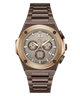 A luxury chronograph watch by Gc with a brushed rose gold-tone case, a dark brown integrated metal bracelet, and a textured light gray dial with brown sub-dials.