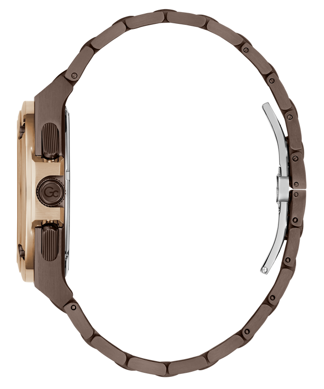Side profile of a watch with a dark brown metal link bracelet, a rose gold-toned case, and a silver-toned folding clasp, shown on a plain white background.