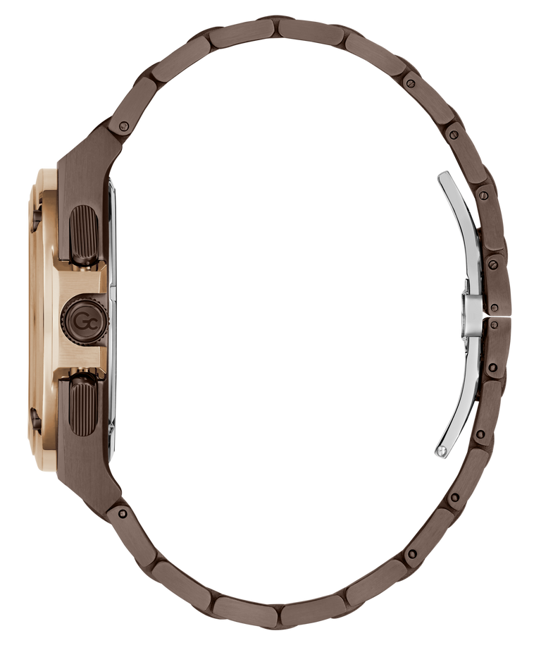 Side profile of a watch with a dark brown metal link bracelet, a rose gold-toned case, and a silver-toned folding clasp, shown on a plain white background.