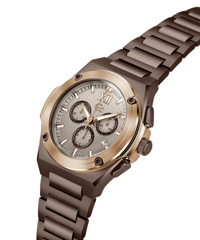 A men's chronograph watch with a dark brown ceramic or composite metal link bracelet, a rose gold-toned bezel, and a silver-toned dial with multiple subdials. lifestyle
