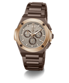 A luxury chronograph watch featuring a dark brown ceramic or titanium case and link bracelet, a rose gold-toned bezel, and a textured light gray dial with brown subdials.