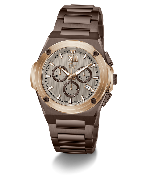 A luxury chronograph watch featuring a dark brown ceramic or titanium case and link bracelet, a rose gold-toned bezel, and a textured light gray dial with brown subdials.
