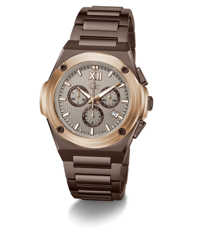 A luxury chronograph watch featuring a dark brown ceramic or titanium case and link bracelet, a rose gold-toned bezel, and a textured light gray dial with brown subdials.