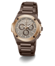 A luxury chronograph watch featuring a dark brown ceramic or titanium case and link bracelet, a rose gold-toned bezel, and a textured light gray dial with brown subdials.