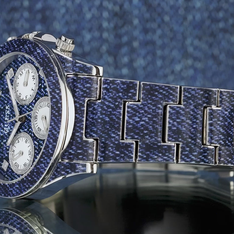 video featuring womens denim patterned watch