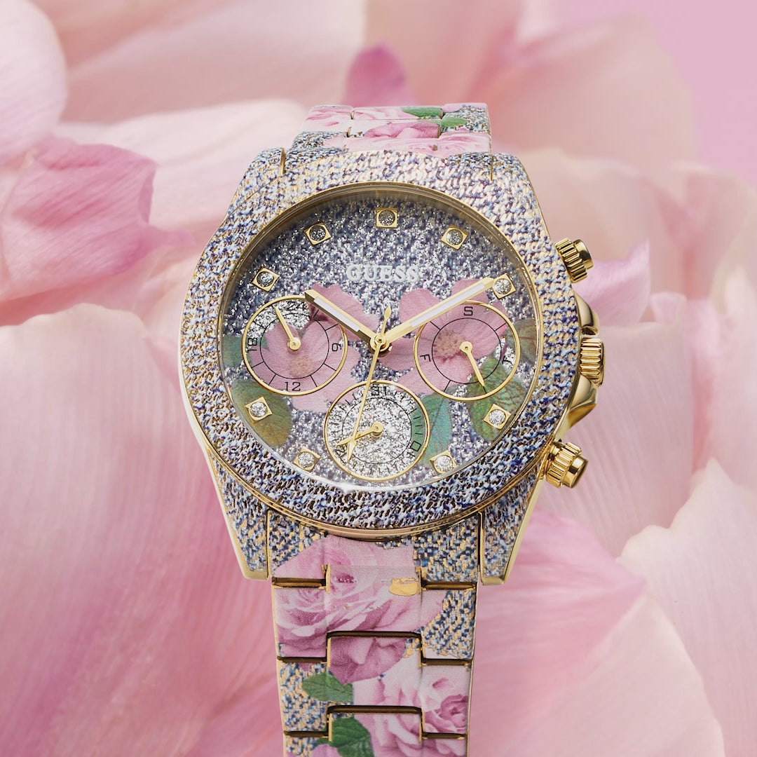 Video of floral watch with moving petals behind it