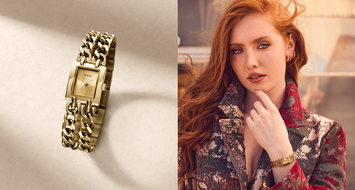 A gold-tone rectangular watch with a chunky chain-link bracelet is shown on the left on a light beige background, and a woman with red hair wearing the same watch appears on the right in a warm-toned lifestyle setting.