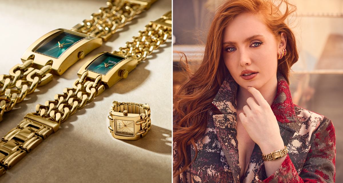 A split image showing gold-tone women's watch bracelets and a matching watch on a neutral surface, alongside a model wearing a floral-patterned jacket and a gold watch on her wrist.