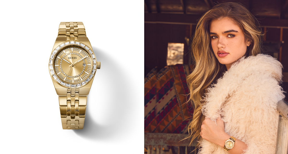 woman wearing gold watch and gold watch large to her left