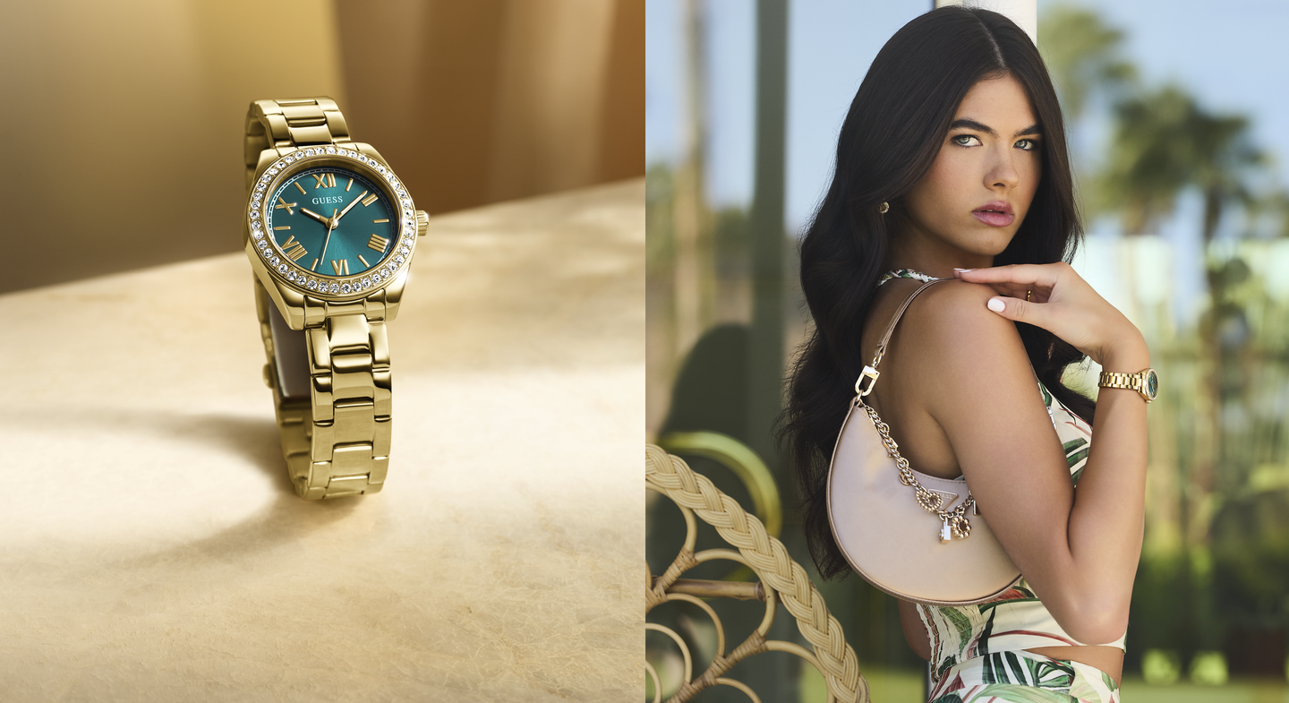 Gold watch with green face on a beige surface, next to a woman wearing a gold bracelet outdoors.