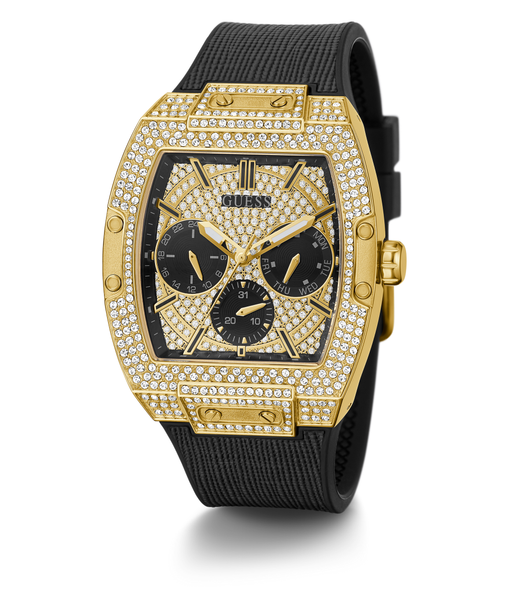 GUESS Mens Black Gold Tone Multi function Watch