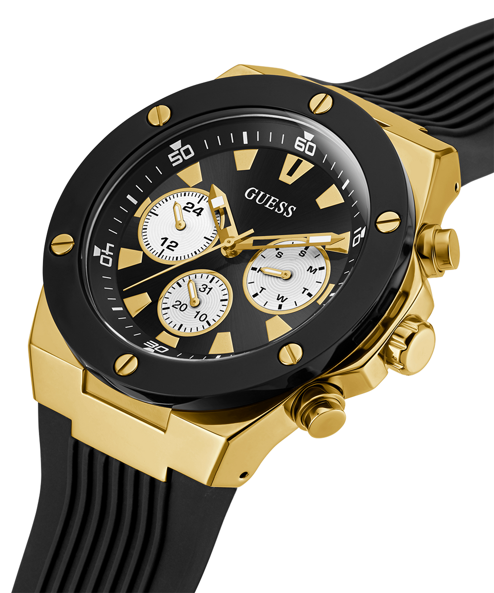 GUESS Mens Black Gold Tone Multi function Watch