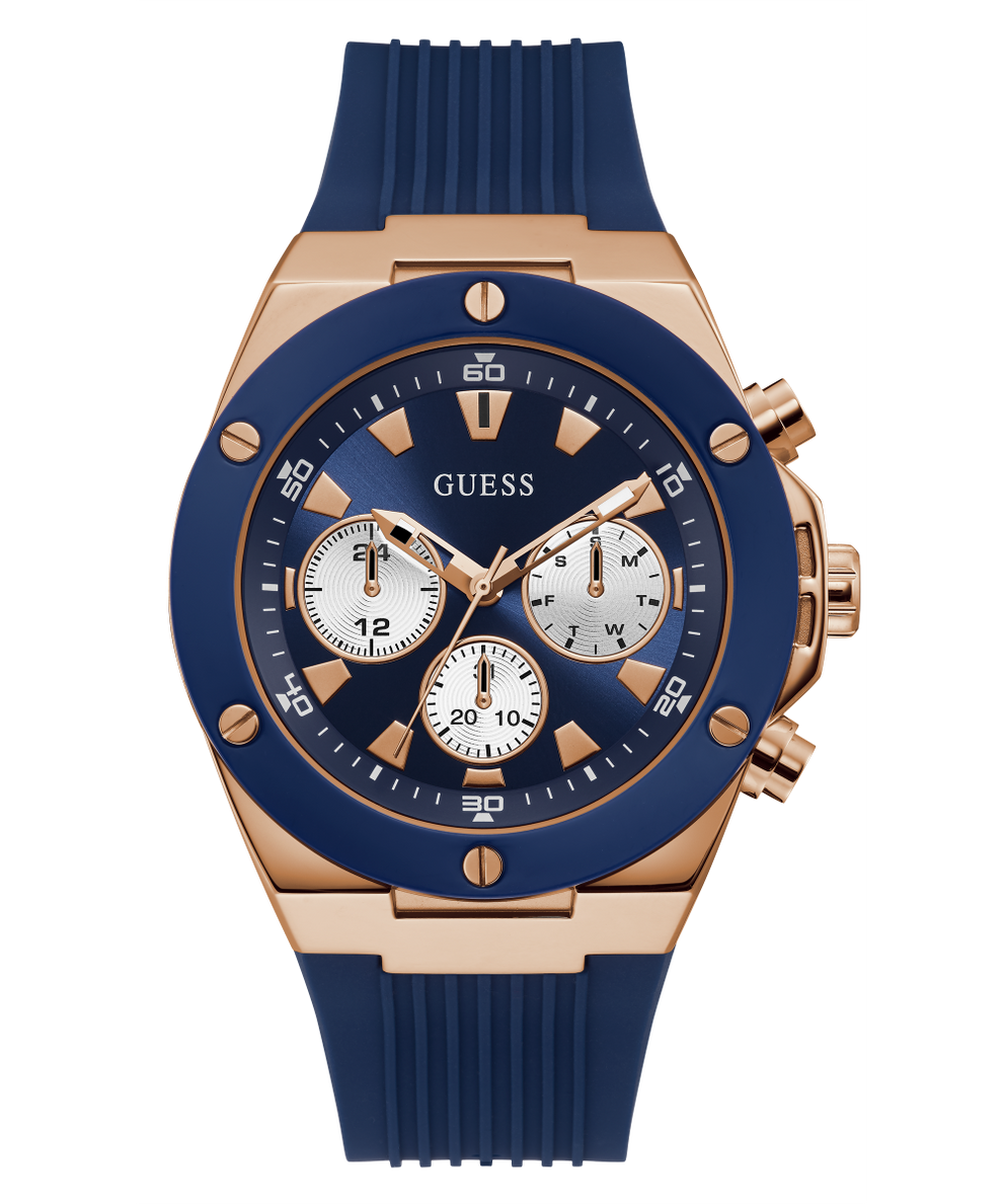 GW0057G2 GUESS Mens 46mm Blue & Rose Gold-Tone Multi-function Sport Watch primary image