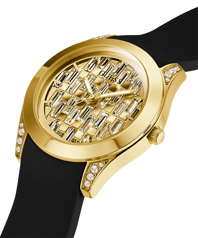 GW0109L1 GUESS Ladies 39mm Black & Gold-Tone Analog Trend Watch caseback (with attachment) image lifestyle