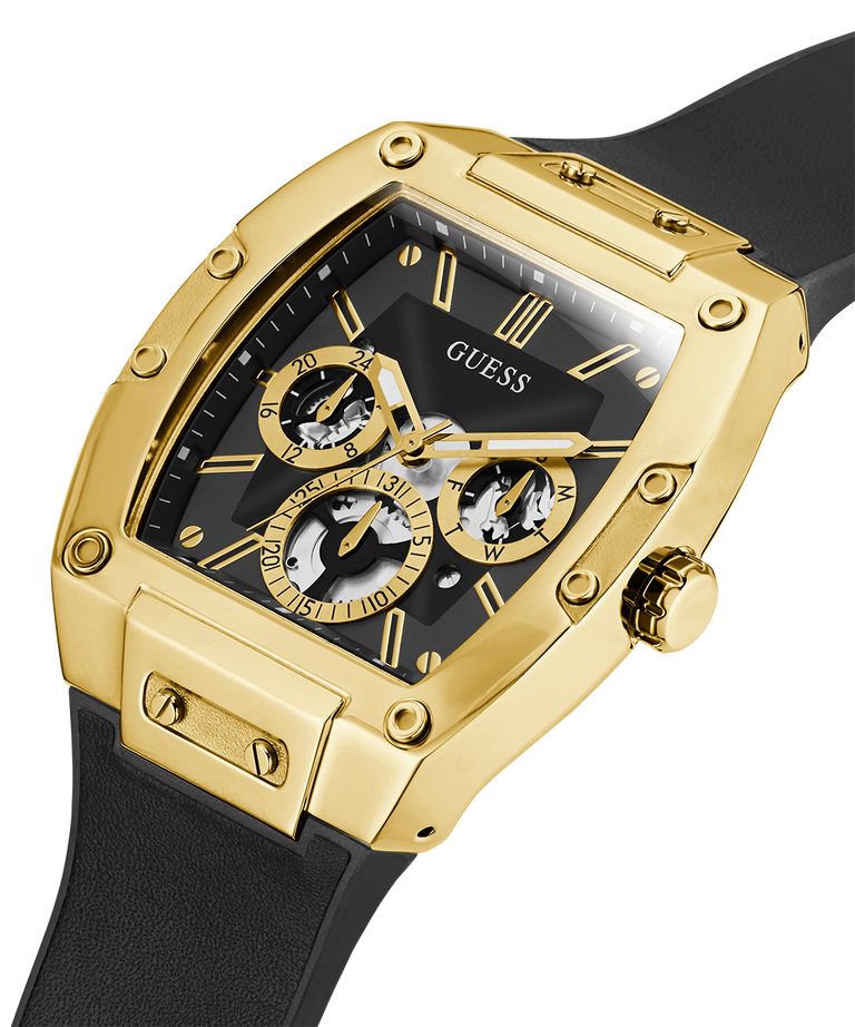 GW0202G1 GUESS Mens 41mm Black & Gold-Tone Multi-function Trend Watch caseback (with attachment) image lifestyle
