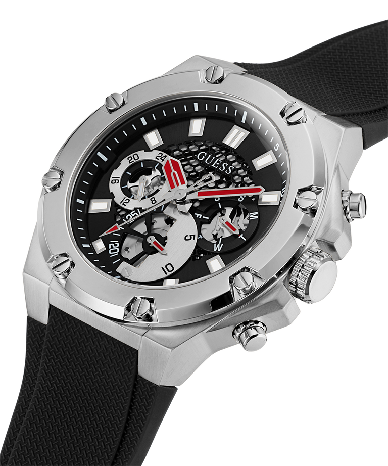 GW0334G1 GUESS Mens 46mm Black & Silver-Tone Multi-function Sport Watch caseback (with attachment) image lifestyle
