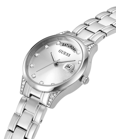 GW0385L1 GUESS Ladies 31mm Silver-Tone Day/Date Dress Watch caseback (with attachment) image lifestyle
