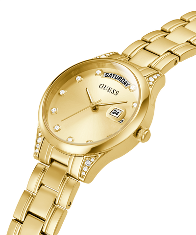 GW0385L2 GUESS Ladies 31mm Gold-Tone Day/Date Dress Watch caseback (with attachment) image lifestyle