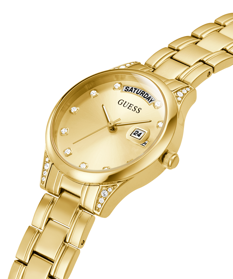 GW0385L2 GUESS Ladies 31mm Gold-Tone Day/Date Dress Watch caseback (with attachment) image lifestyle