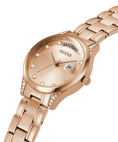 GW0385L3 GUESS Ladies 31mm Rose Gold-Tone Day/Date Dress Watch caseback (with attachment) image lifestyle