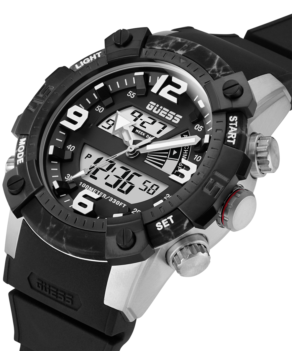 Mens Guess Waterproof GUESS Mens Black Silver Tone Digital Watch