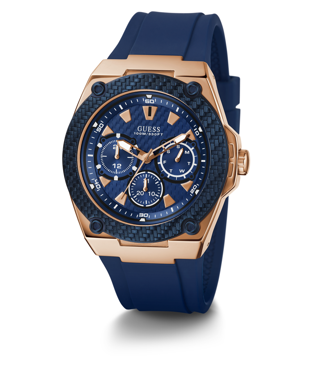 GUESS Mens Blue Rose Gold Tone Multi function Watch U1049G2