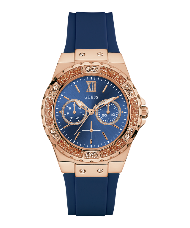 U1053L1 GUESS Ladies 39mm Blue & Rose Gold-Tone Multi-function Sport Watch primary image
