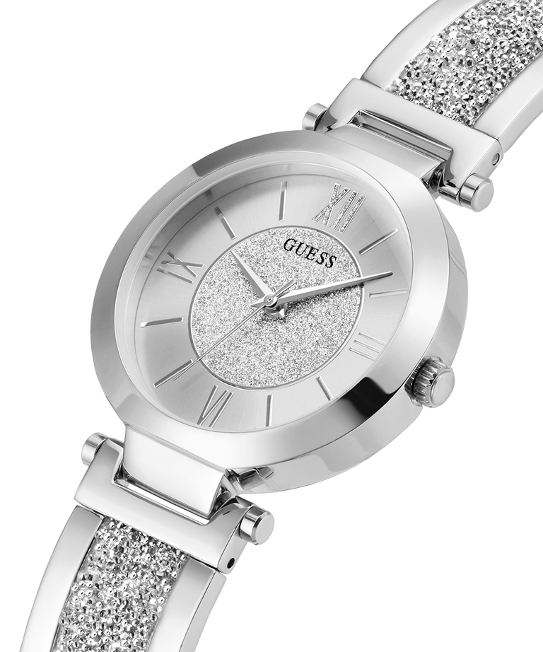 U1288L1 GUESS Ladies 36mm Silver-Tone Analog Dress Watch caseback (with attachment) image lifestyle
