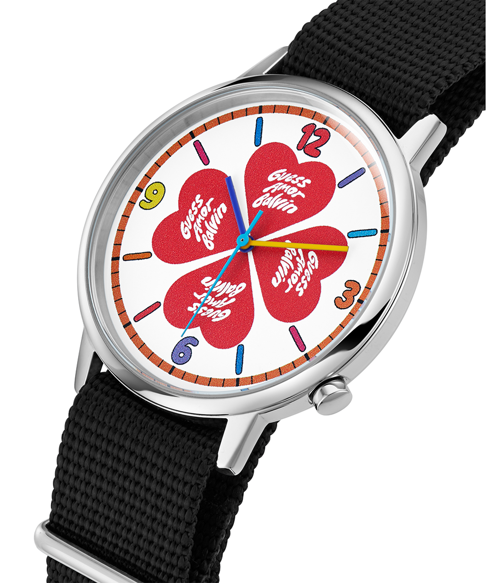 RELOJ DE EDICION LIMITADA J BALVIN X AMORE CON CORREA DE NYLON Y PLATA V1062M1 GUESS Watches US